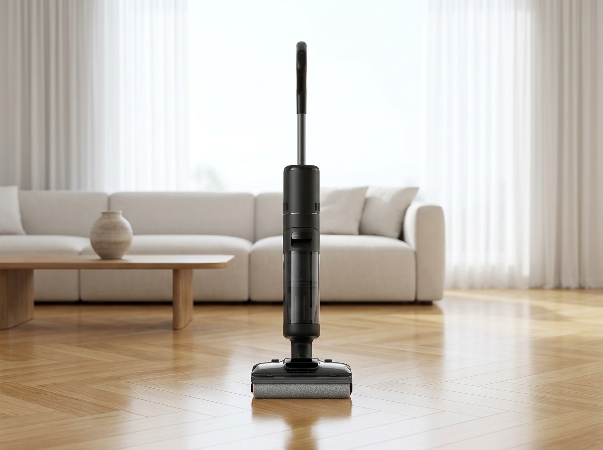 Aspirateur laveur sans fil noir debout sur un parquet clair dans un salon lumineux