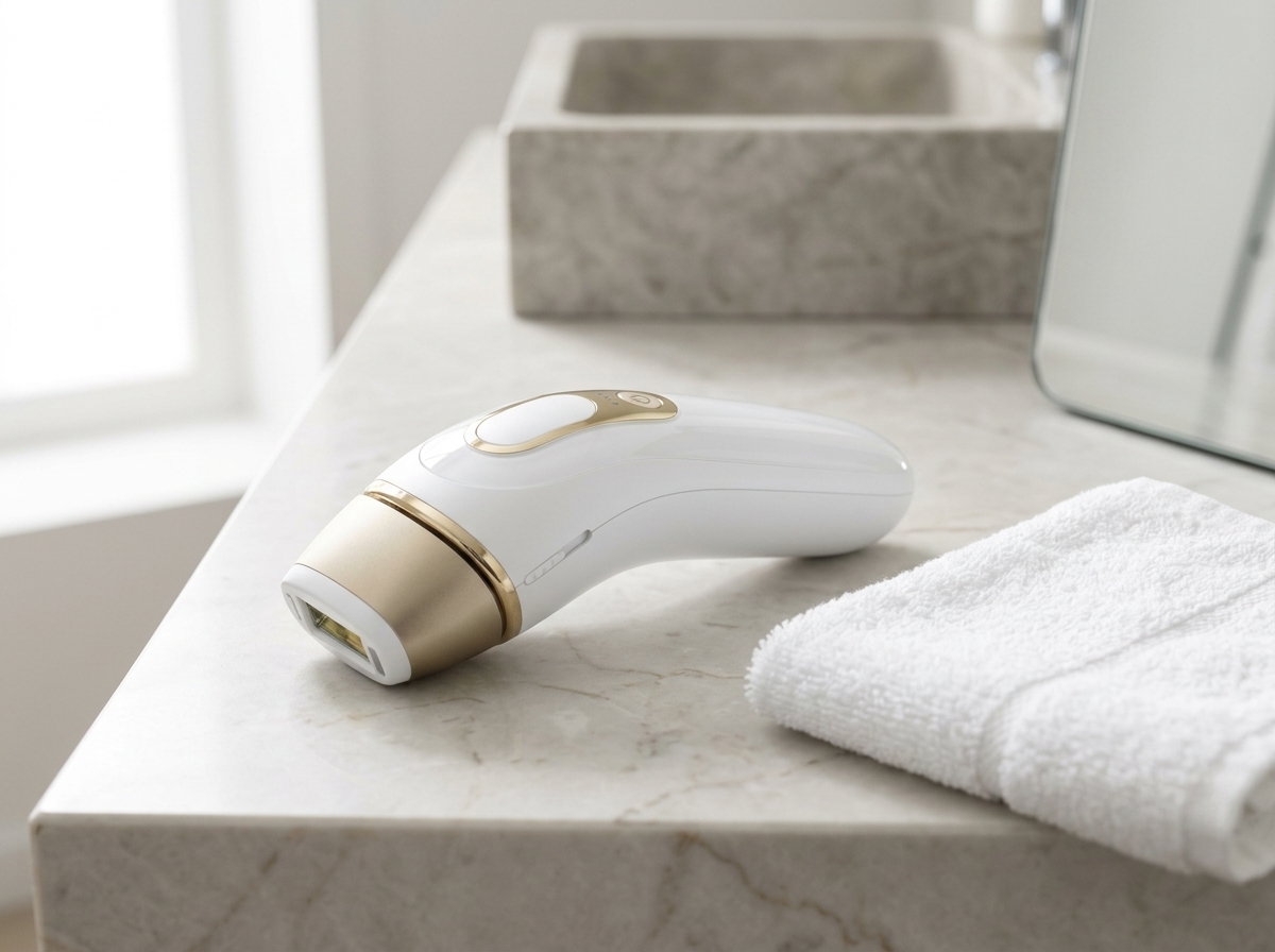 Épilateur à lumière pulsée blanc et or posé sur une vasque de salle de bain claire près d'une serviette