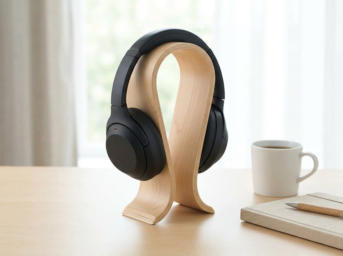 Casque audio noir sur un support en bois clair, sur un bureau avec une tasse de café