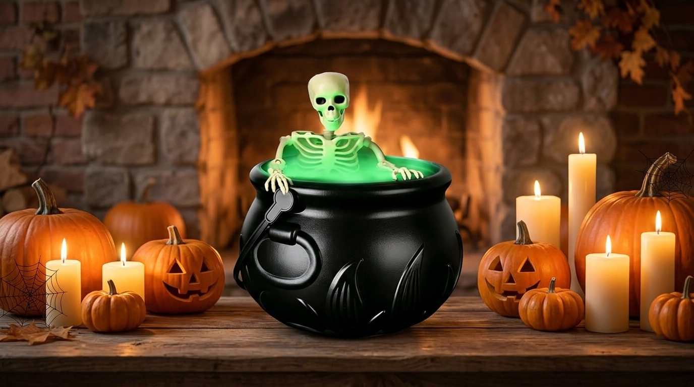 Chaudron noir avec un squelette et de la brume verte, posé devant une cheminée entre des citrouilles et des bougies