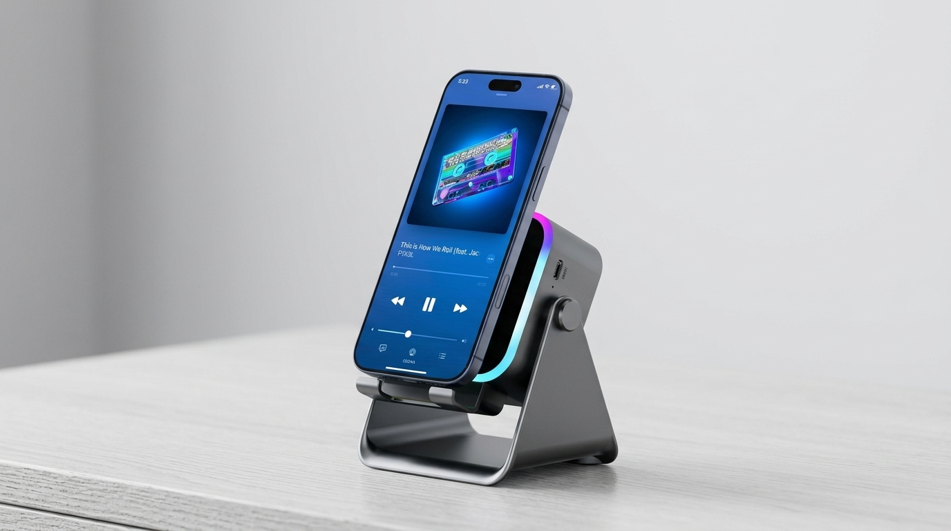 Enceinte a induction BIIB avec support telephone pivotant, pose sur un bureau