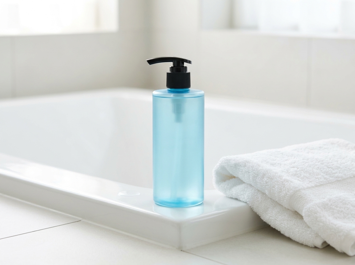 Flacon-pompe bleu translucide posé au bord d'une baignoire blanche, à côté d'une serviette blanche pliée