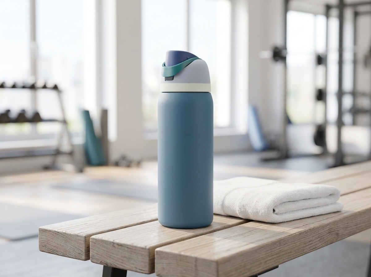 Grande gourde isotherme bleue posée sur un banc en bois dans une salle de sport, à côté d'une serviette blanche pliée
