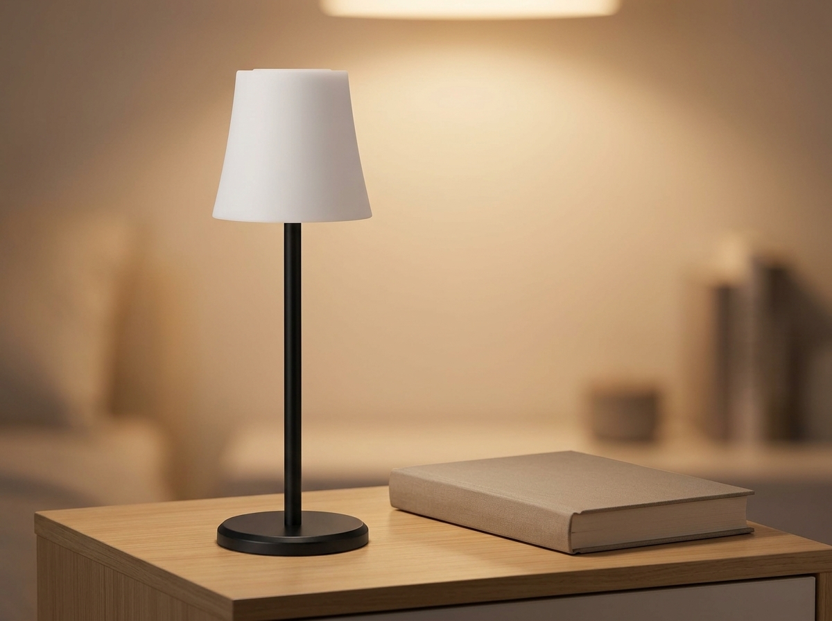 Lampe de chevet noire et blanche allumée, posée sur une table en bois à côté d'un livre fermé