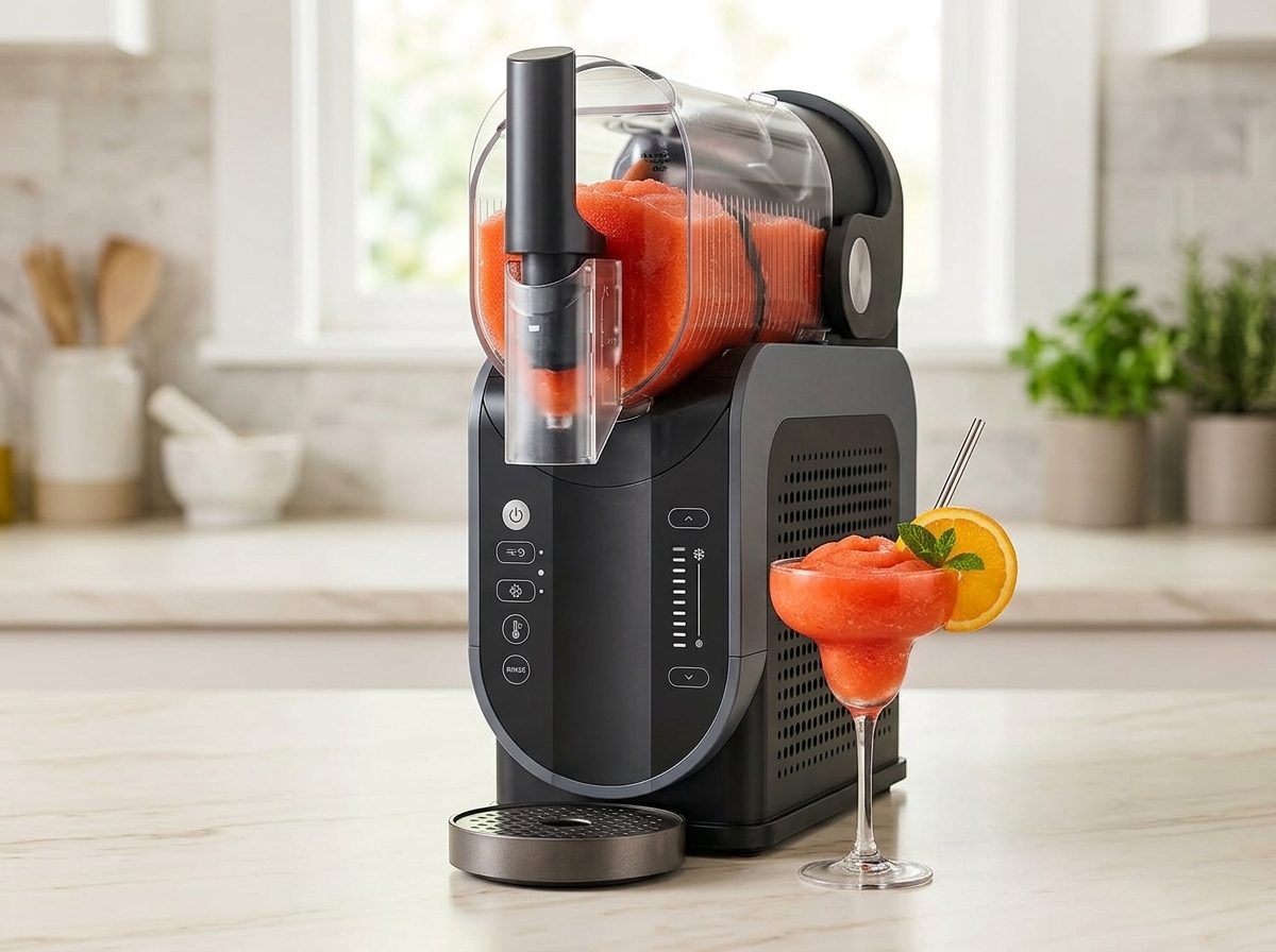 Machine à granité noire et grise en cours de préparation d'une boisson glacée orange, à côté d'un verre servi