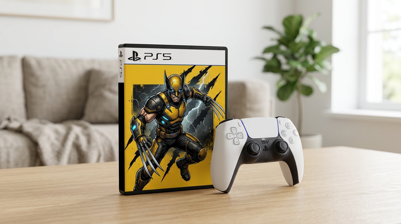 Boîte de jeu PS5 jaune et noire avec un héros aux griffes d'acier, posée à côté d'une manette PS5 sur une table de salon