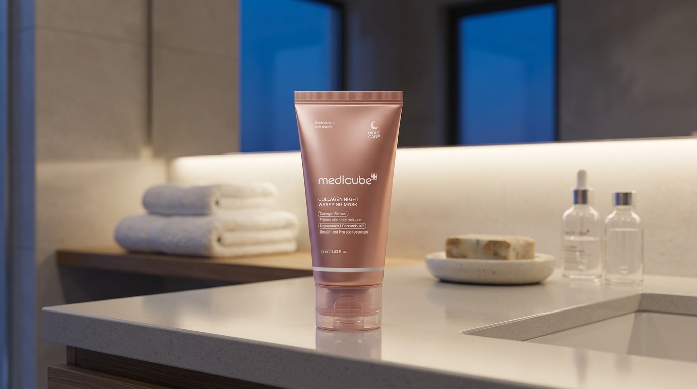 Tube de Medicube Collagen Night Wrapping Mask pose sur un plan de salle de bain epuree