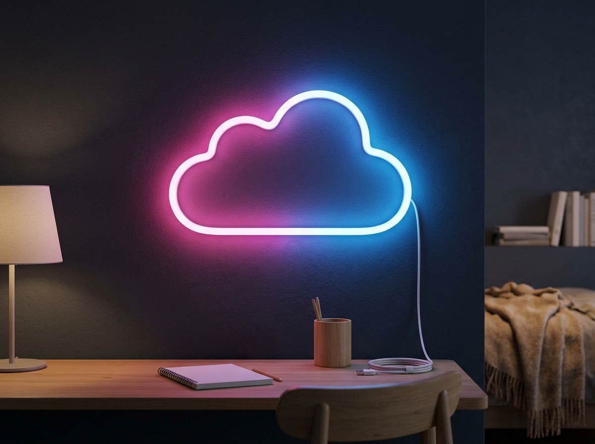 Ruban néon blanc plié en forme de nuage, allumé en rose et bleu sur un mur sombre au-dessus d'un bureau de chambre
