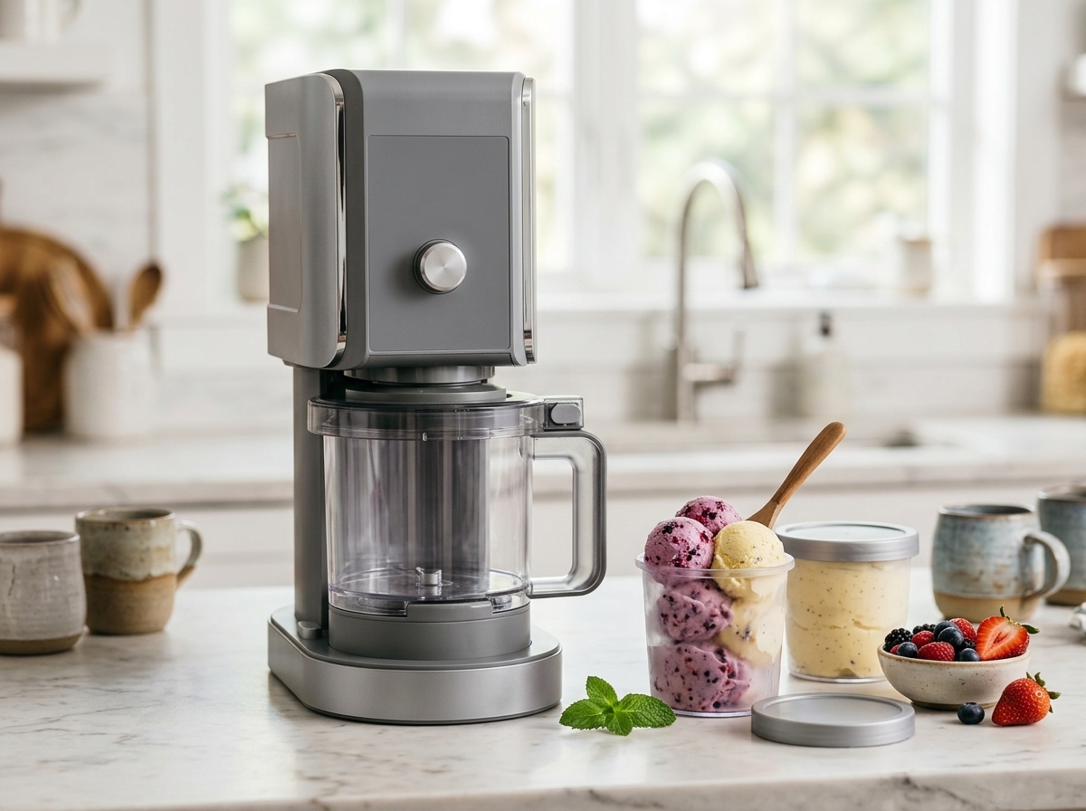 Machine à glace grise posée sur un plan de travail de cuisine lumineux avec des boules de glace et des fruits