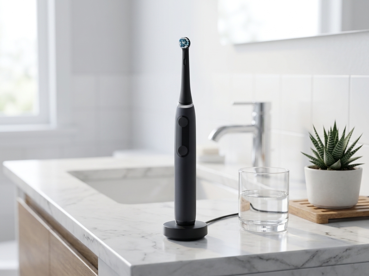 Brosse à dents électrique noire debout sur son socle près d'une vasque de salle de bain claire