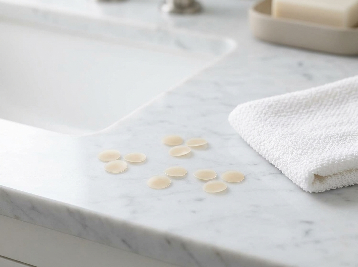 Patchs hydrocolloides anti-acne translucides disposes sur une surface en marbre clair