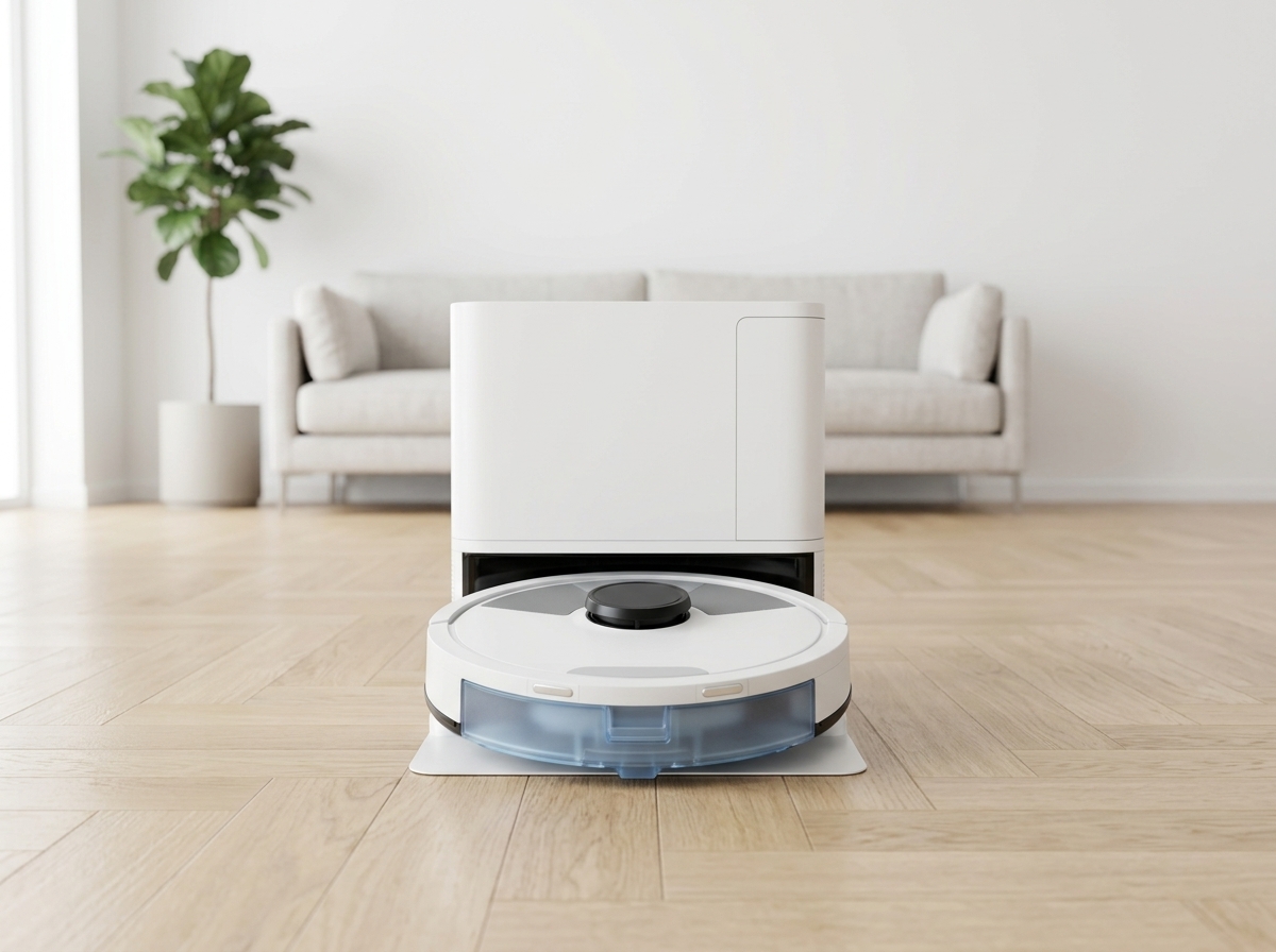 Robot aspirateur blanc rond posé devant sa base de vidange, sur un parquet clair dans un salon
