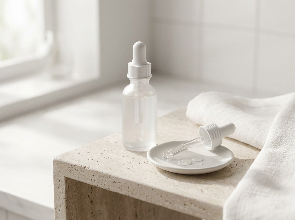 Flacon compte-gouttes de sérum posé sur une table de salle de bain claire avec quelques gouttes visibles