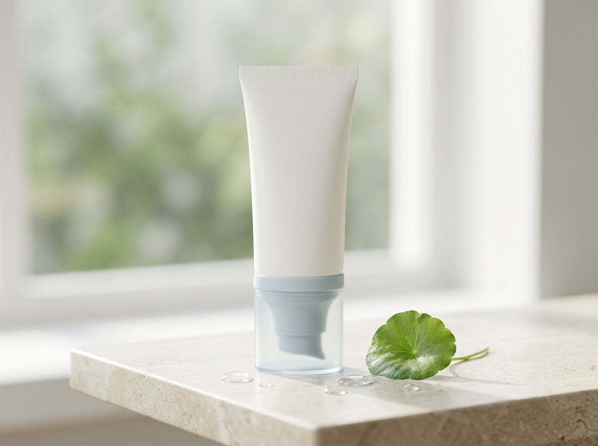 Tube de soin blanc et embout bleu posé sur une table en pierre claire, à côté d'une feuille verte