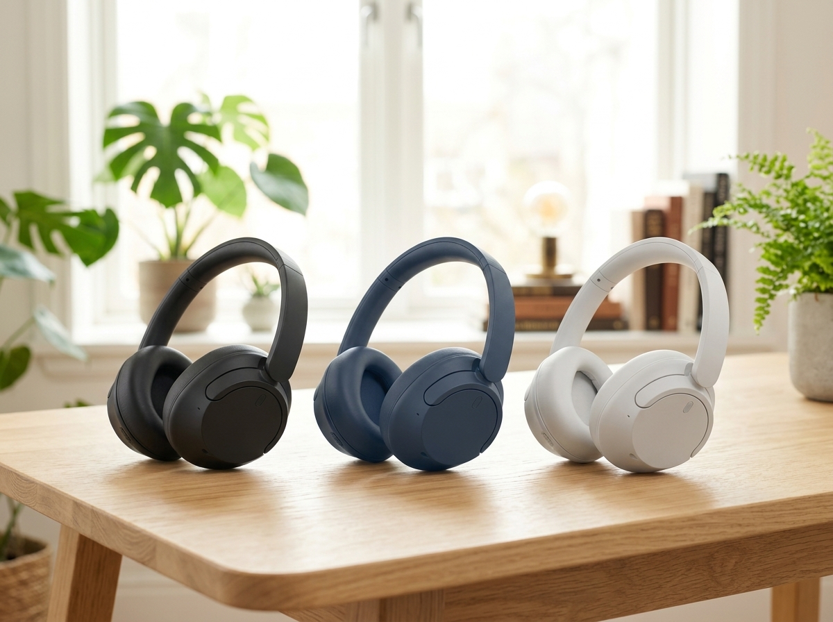 Trois casques Bluetooth noir, bleu marine et blanc alignés sur une table en bois devant une fenêtre lumineuse