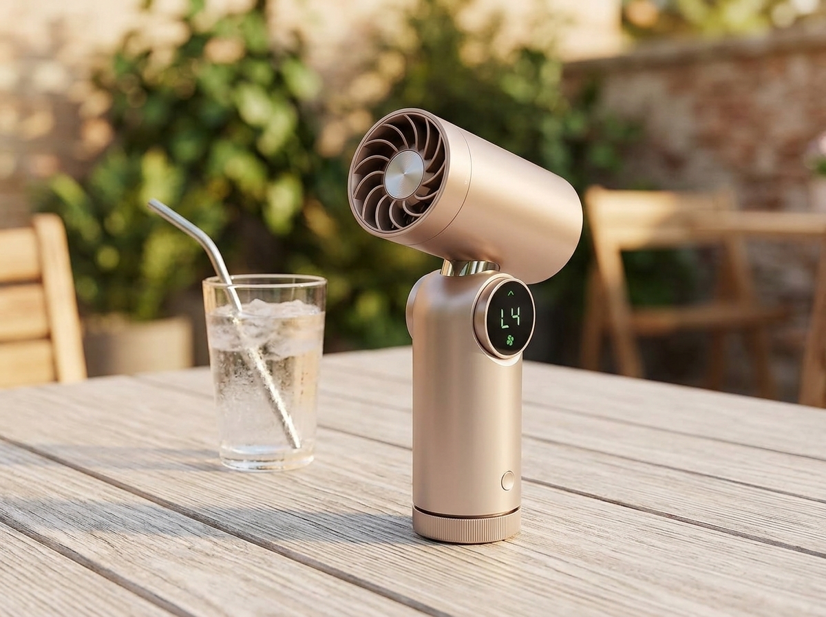 Petit ventilateur portable beige rosé posé sur une table de terrasse en bois, à côté d'un verre d'eau glacée