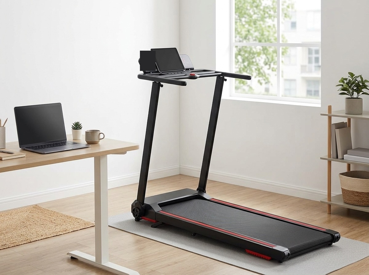 Tapis de marche pliable noir et rouge déplié dans un coin bureau, à côté d'un bureau avec un ordinateur portable